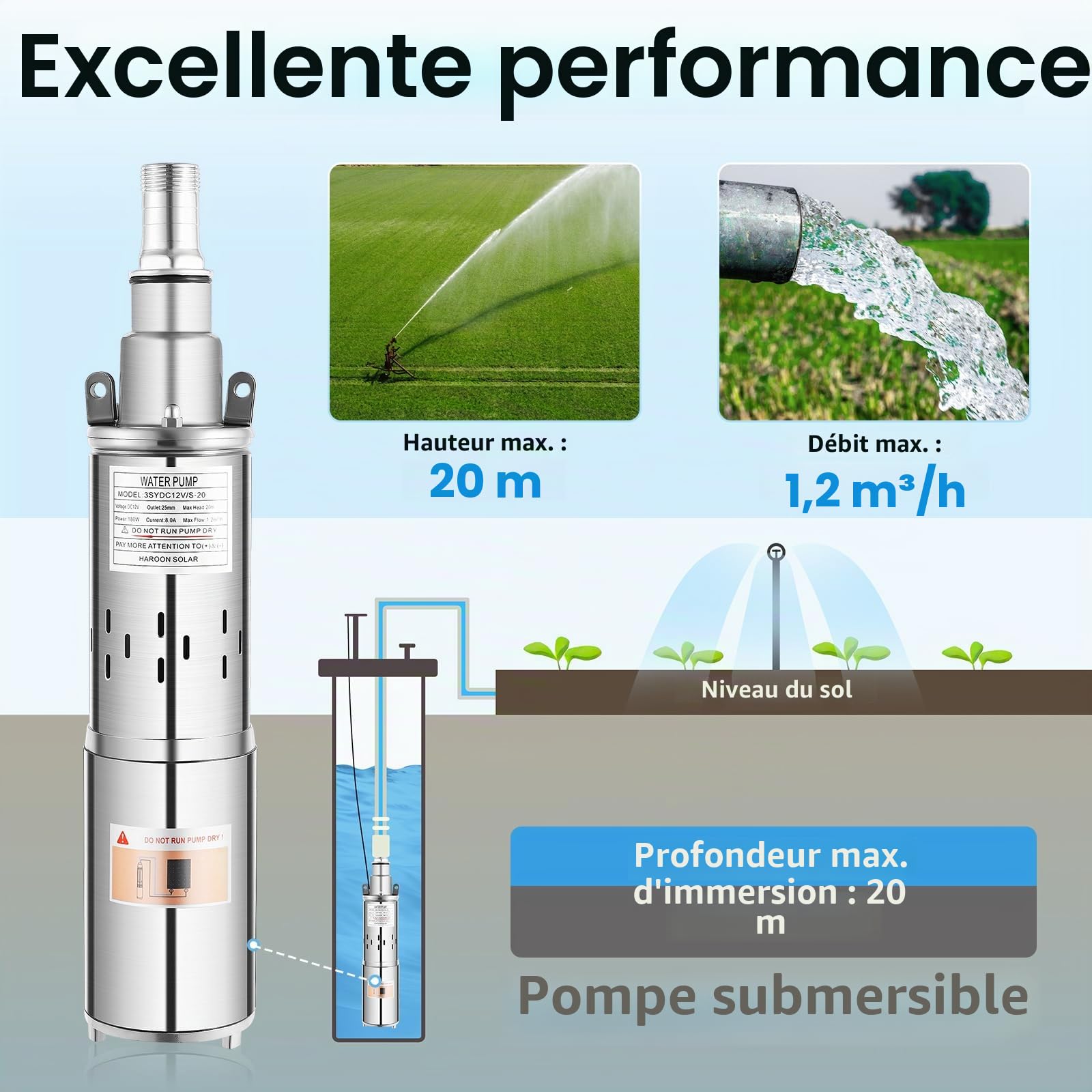 Pompe de puits profond, 12 V, 180 W, en acier inoxydable, submersible, sortie de 25 mm à 20 m, 1,2 m³/h, idéale pour l'irrigation ou l'approvisionnement en eau