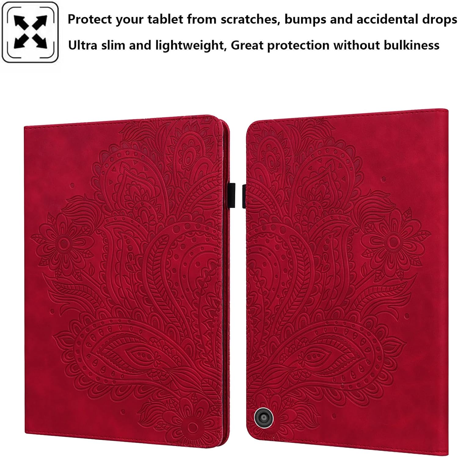 for Amazon Kindle Fire HD 10 & Fire HD 10 Plus Tablet Case 13th/11th Generation 10.1" (2023/2021) Folio Stand Embossed PU Leather Wallet Cover with Pencil Holder/Pocket, Red Peacock Flower