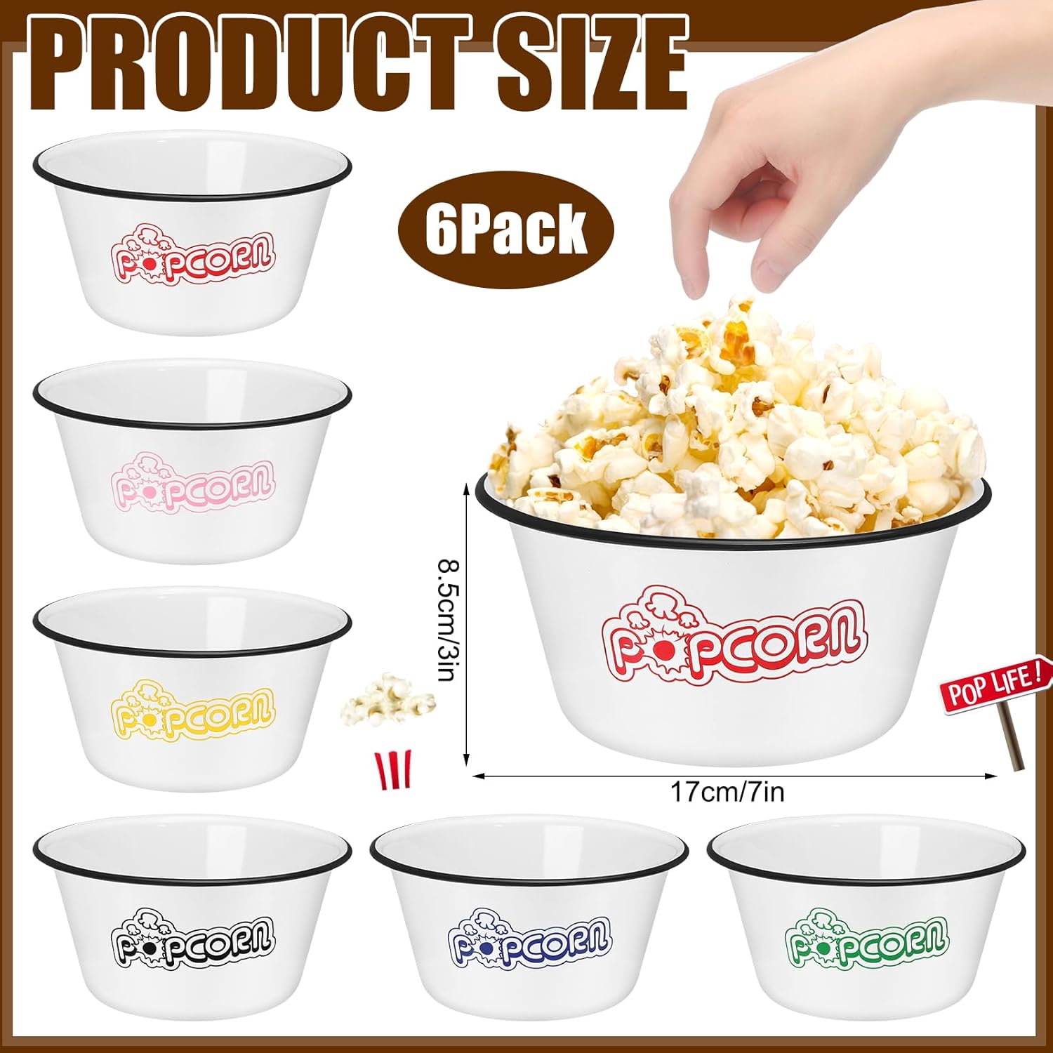 Maxdot Set of 6 Enamelware Popcorn Bowl 1.2 Quart Reusable Popcorn Serving Bowls Buckets Containers for Family Cinema Nights and Camping Party Shatterproof Classic White with Black Rim