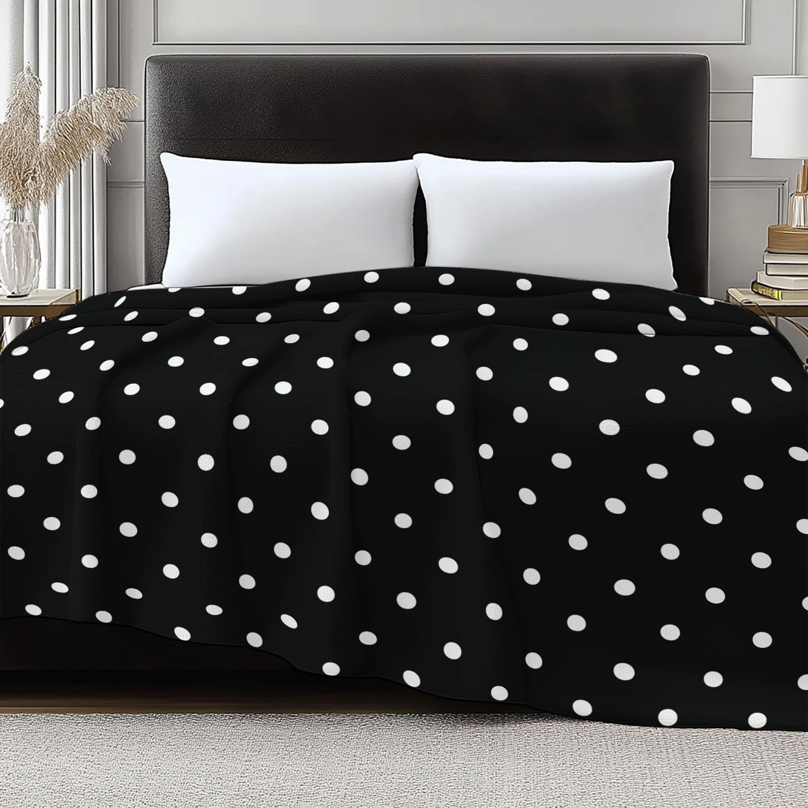 Manta para Sofá, Invierno Verano Manta Polar Puntos Blancos Geométricos Cálida Mullida Super Caliente Ligera Mantas Cama para Adulto y Niño Sala de Estar, Negro, 200x200 cm