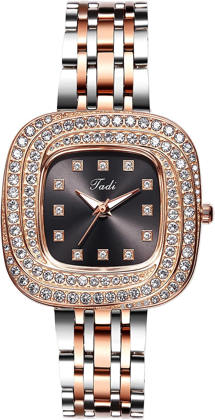 Lancardo Luxury Women's Square Watch: Analog Quartz Bling Full Rhinestone Sparkling Dial Silver-Rose Gold Strap Ladys Dress Wristwatch