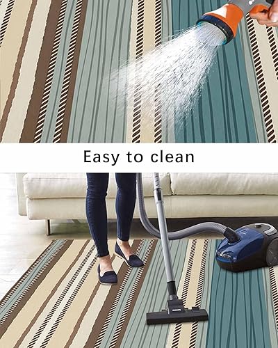 Miniatura 6 de Teal Blue Green Striped Boho Outdoor Area Rug 6'x9',Patio Balcony Porch Front Door Camping Camper RV Deck Runner Rug,Washable Carpet Indoor Living