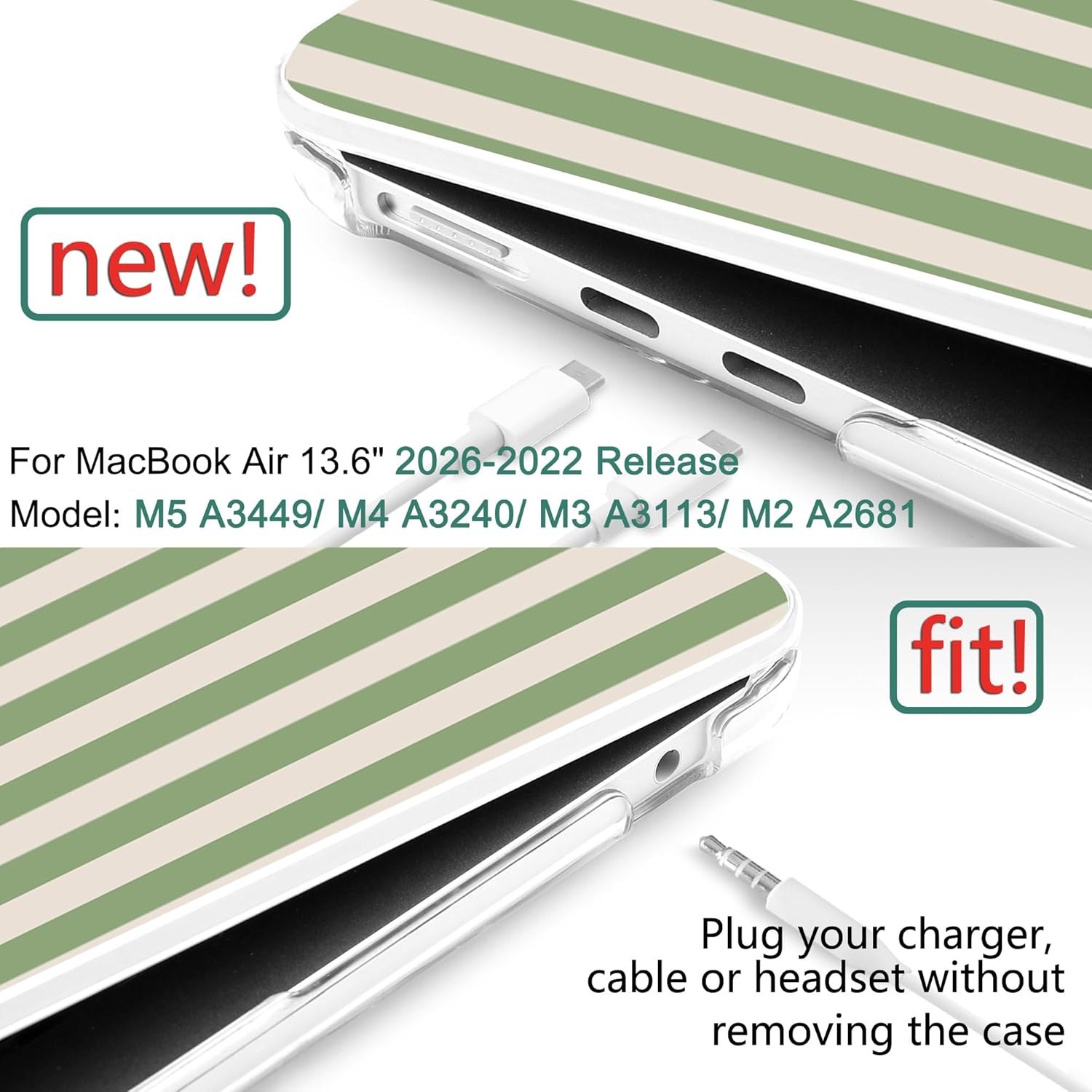 DONGKE for MacBook Air 13 Inch (13.6 Inch) Case, M5/M4/M3/M2 Chip 2026 2025 2024 2023 2022, Hard Plastic Printed Cover with Screen Protector & Keyboard Cover & Dust Plugs, Green Stripes