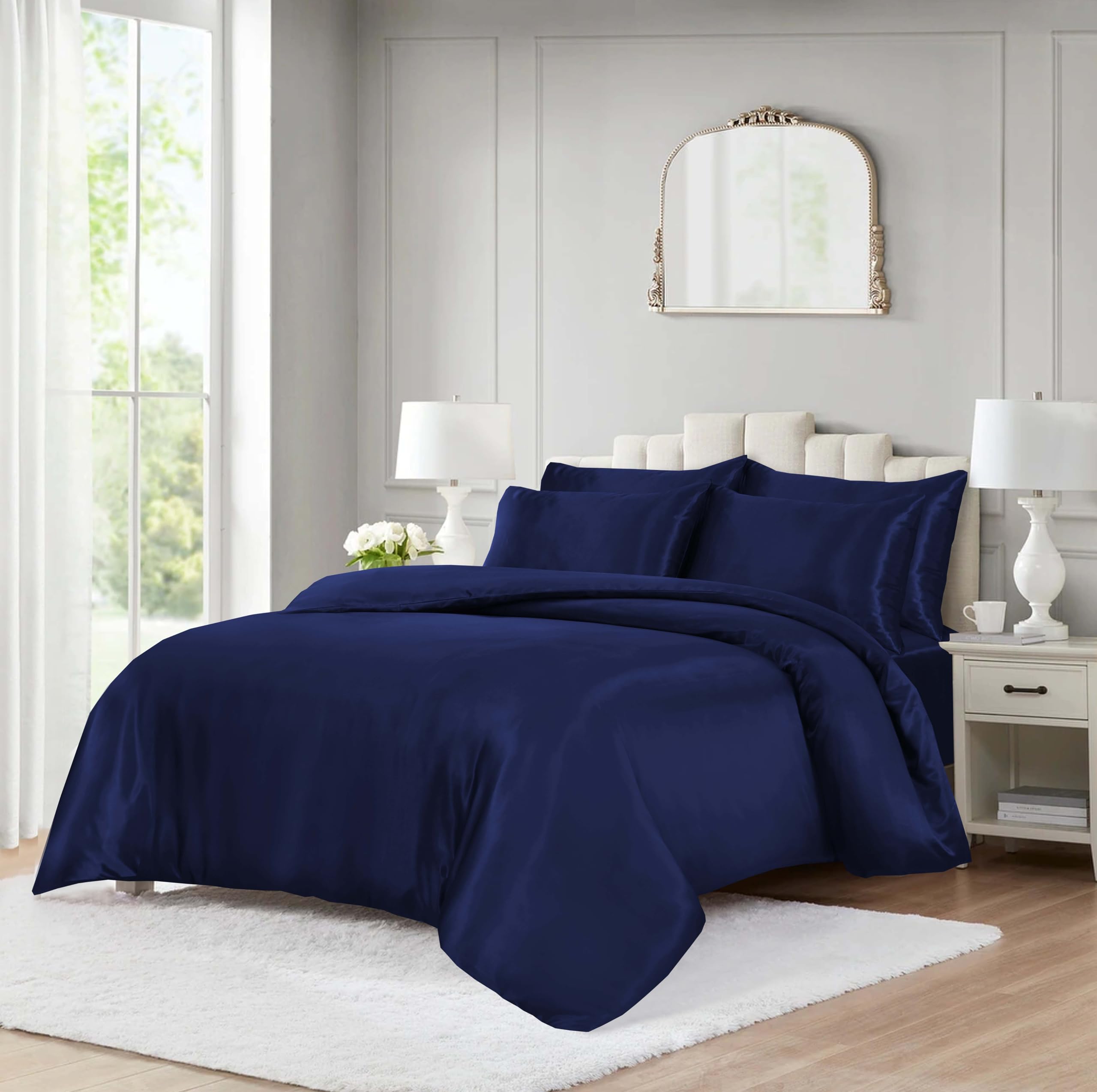 ROOEE 10 Piece Satin Silk Complete Bedding Set – Luxury Satin Duvet Cover, Silky Fitted Sheet with Matching Pillowcases, Sleep Mask, Hair Accessories & Storage Pouch (Navy Blue, Single)