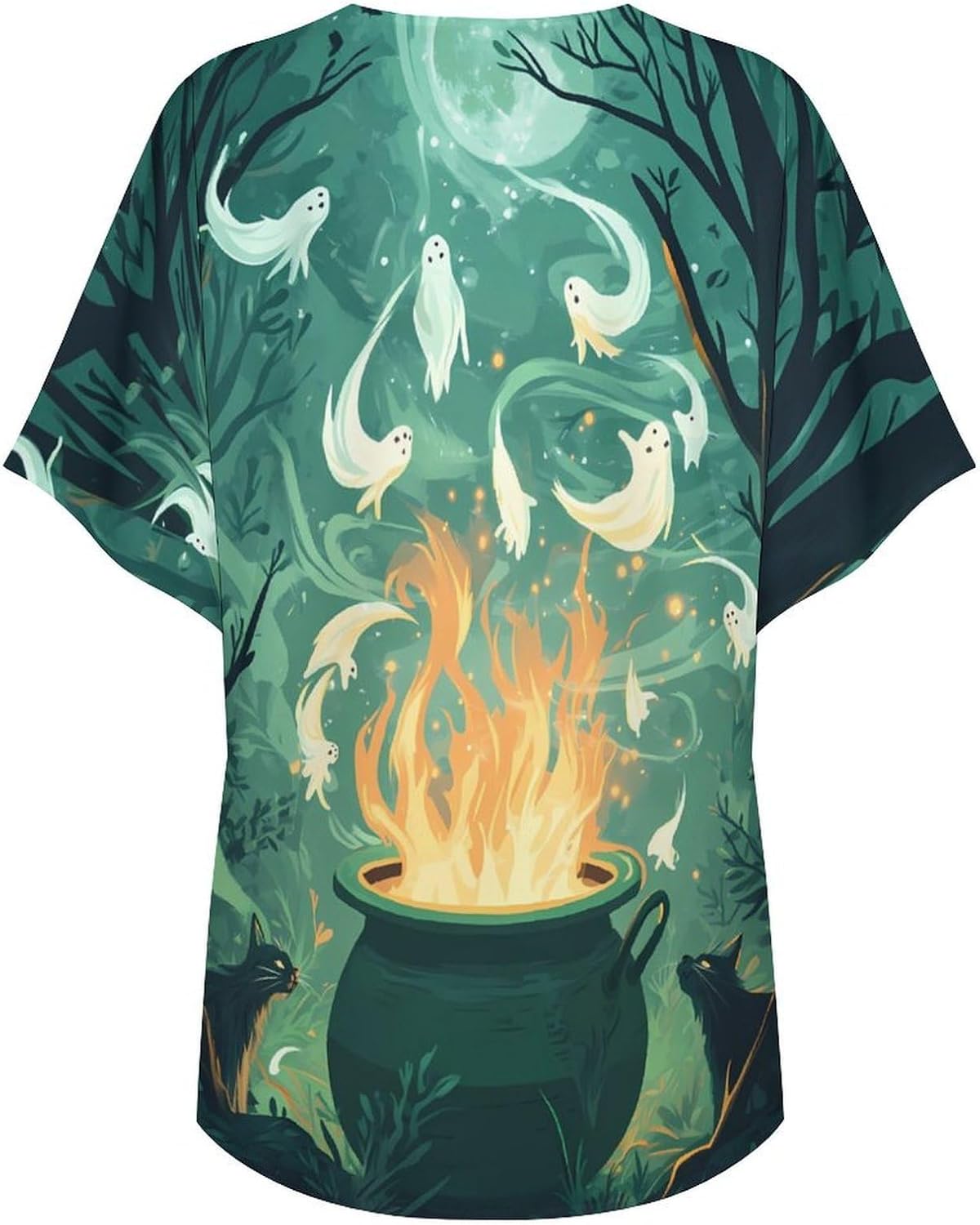 Ghost In Witch Pot Print Women's Open Front Cardigan Short Sleeves Jacket Lightweight Sweaters Tops