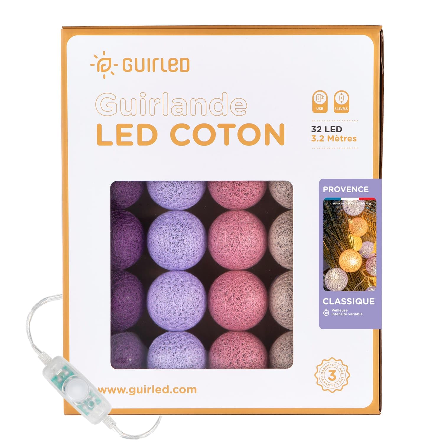 GuirLED - LED Baumwollkugeln Lichterkette USB - Baby Nachtlicht 2h - Dual USB 2A Netzteil enthalten - 3 Intensitäten - 32 Kugeln 3.2m - Herkunft