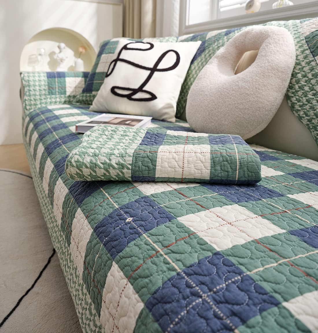 vctops Farmhouse Buffalo Check Plaid Cotton Sofa Couch Cover Patchwork Quilted Sectional Couch Covers Non-Slip Soft Sofa Slipcover Washable Furniture Protector for Living Room (Green Blue,43"x94")