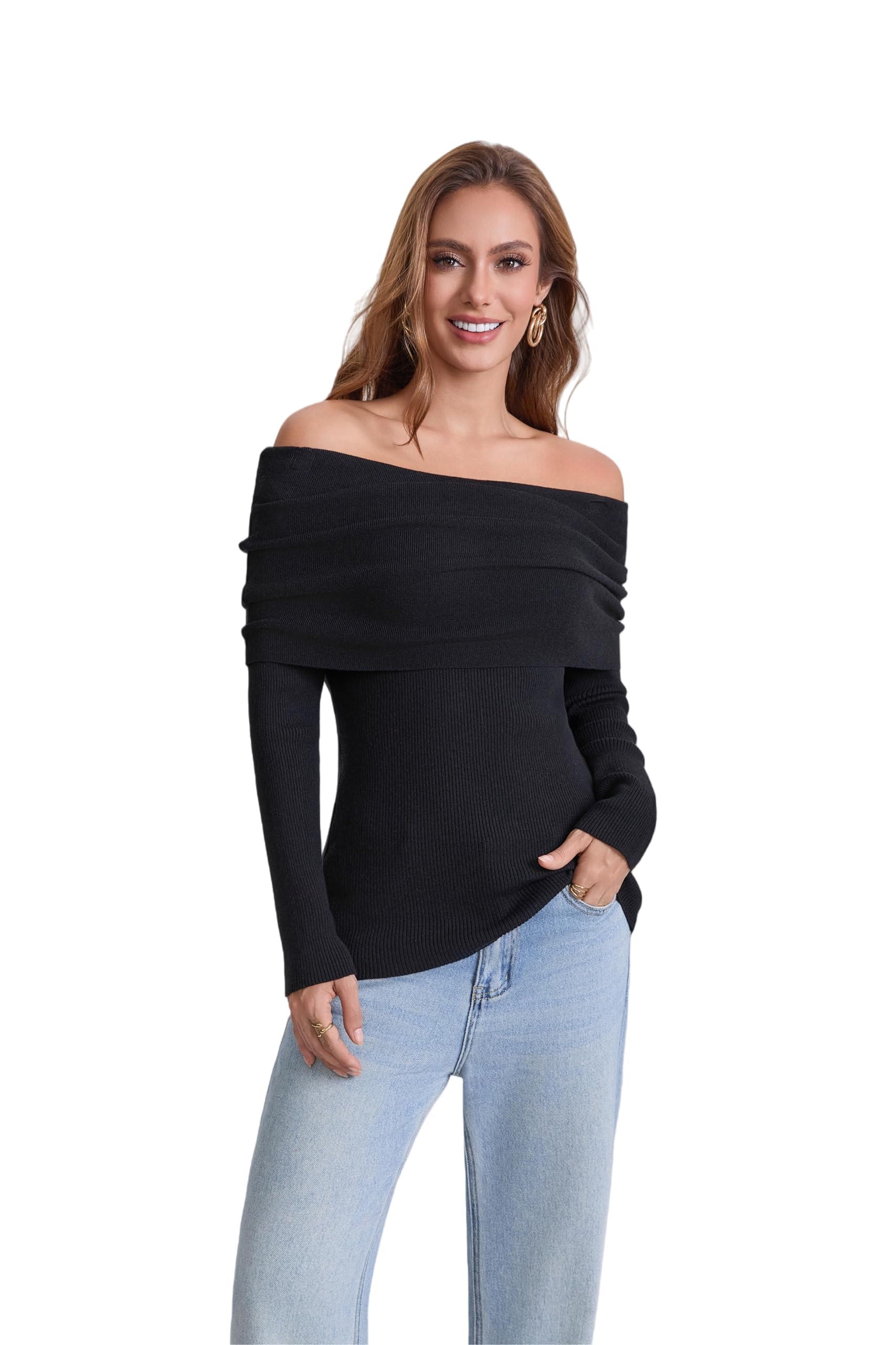 Womens Off The Shoulder Sweater 2025 Fashion Versatile Cute Long Sleeve Tops Fall Winter