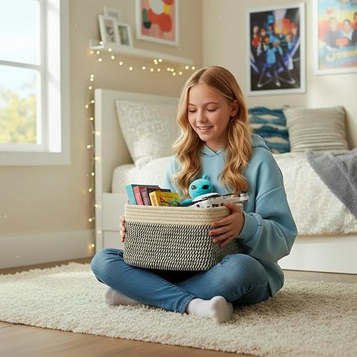 Miniatura 3 de Cesta pequeña de cuerda de algodón  Contenedor de almacenamiento para organización (10.6 x 6.7 x 6.7 pulgadas), cesta de almacenamiento de baño para