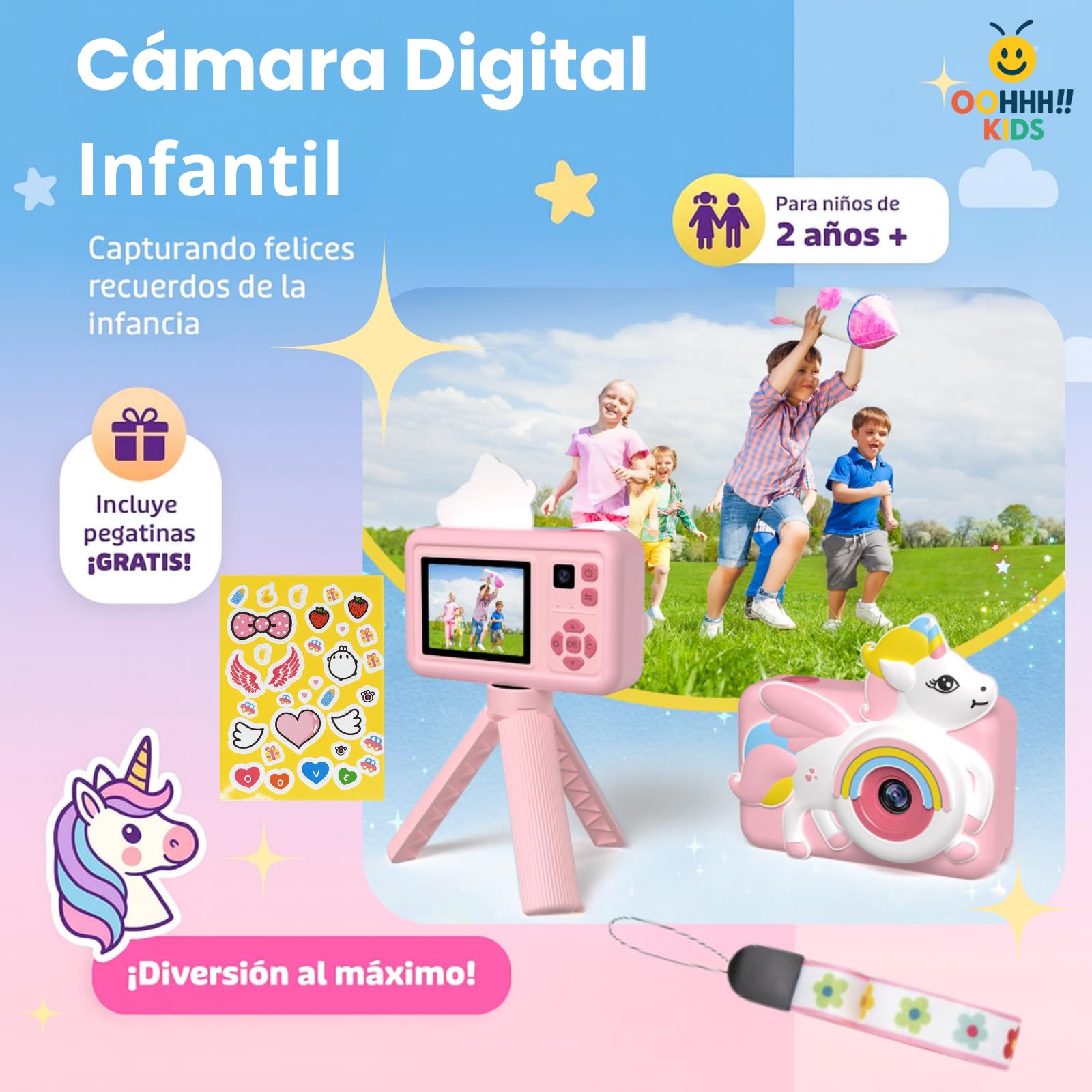 Cámara Fotos Infantil Unicornio Rosa para Niña 3 4 5 6 7 8 9 10 Años, 2" 1080P con 32GB y Trípode, Juguetes Regalo Niña Cumpleaños Navidad, Selfie MP3 Juegos Educativos