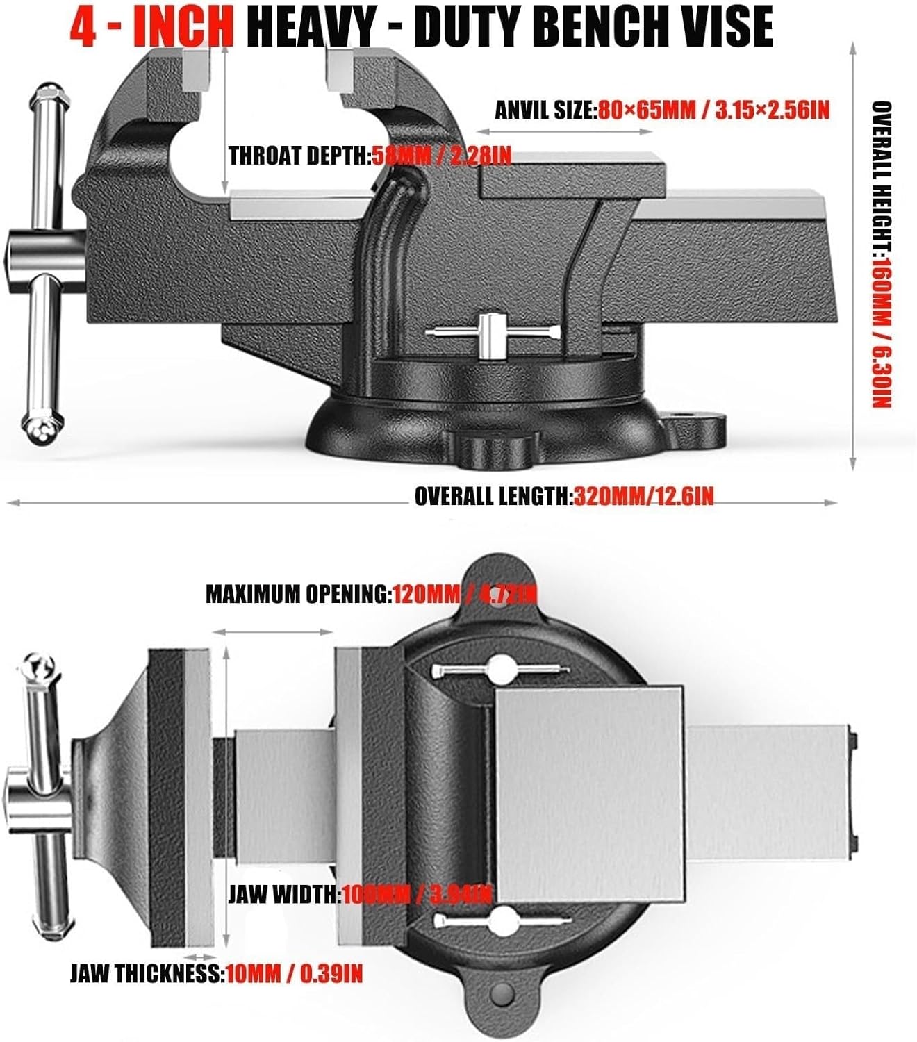 Heavy duty woodworking bench vise, universal swivel work with fixed mounting bracket, adjustable, multifunctional tool for professional craftsmen(4inch)
