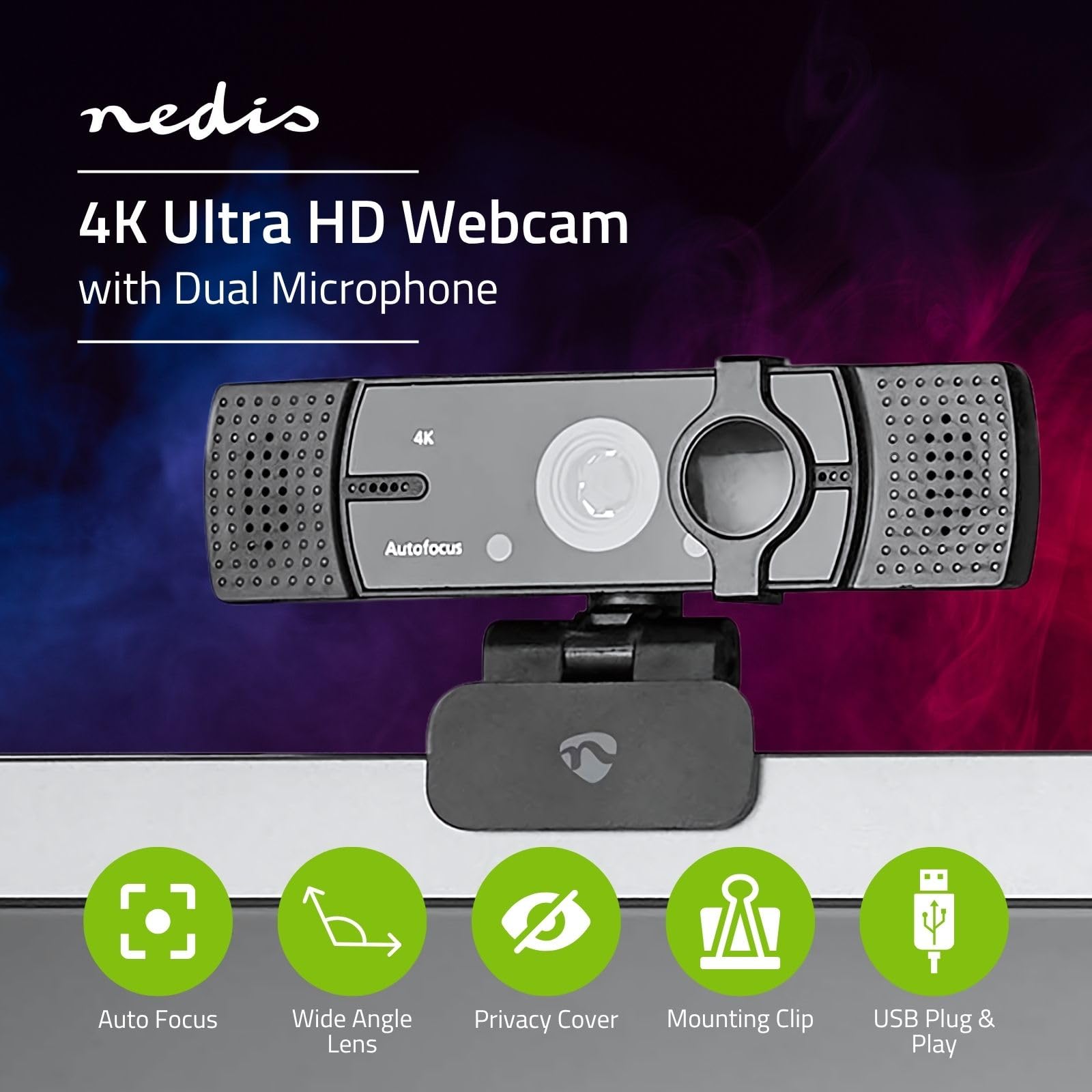 Nedis WCAM120BK Webcam | Full HD@60fps / 4K@30fps | Autofocus | Micrófono Incorporado | Negro