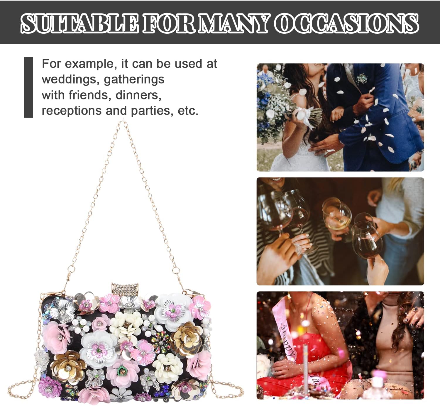 Fecialy Women's Floral Evening Handbags Colorful Rhinestone Clutch Purses Floral Bride Wedding Handbag Chain Shoulder Bag - Image 7