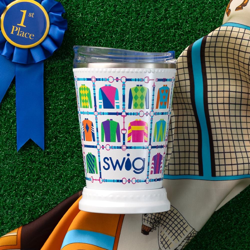 Swig Life 12oz Mint Julep Tumbler, Insulated Tumbler with Lid, Dishwasher Safe, Stainless Steel, Insulated for Hot and Cold Drinks (Jockey Club)