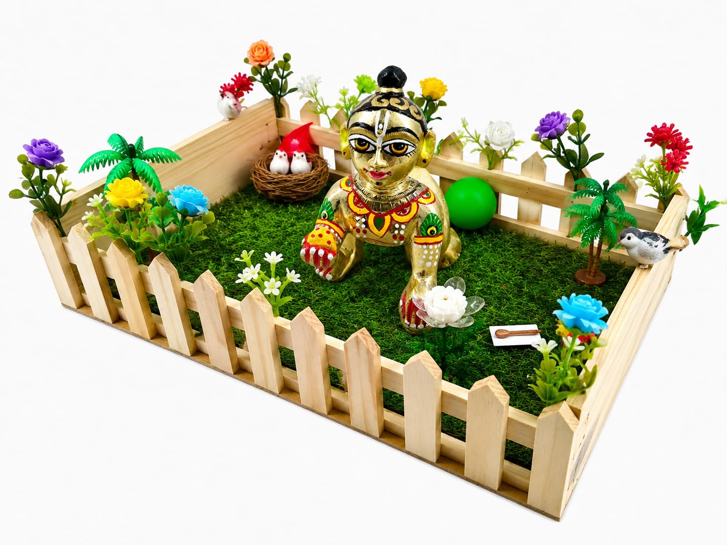 Wooden Garden for Laddu Gopal Ji | Decorative Mini Garden Set for Thakur Ji | Artificial Grass with Wooden Fence, Flowers & Accessories (15 * 10 Inches)-image-35