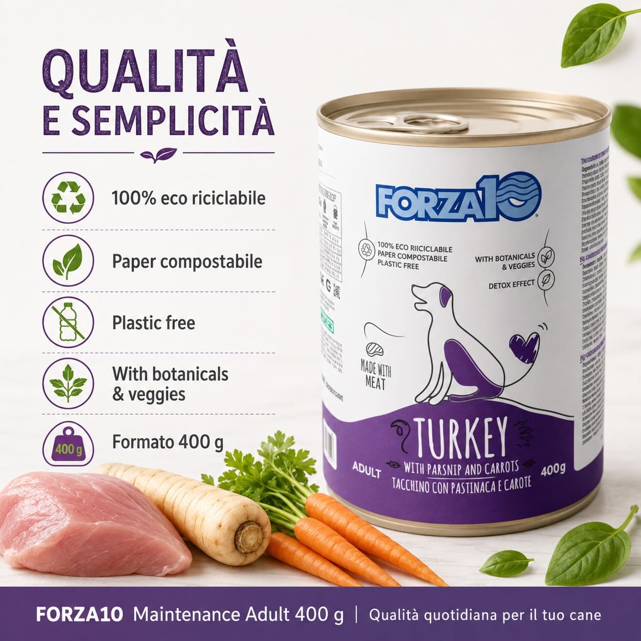Tacchino,Pastinaca e Carote– Forza10 Cibo Umido per Cani Adulti di tutte le Taglie e Razze, Monoproteico, 12 Lattine x 400g, Alimento Completo Ricco in Carne.