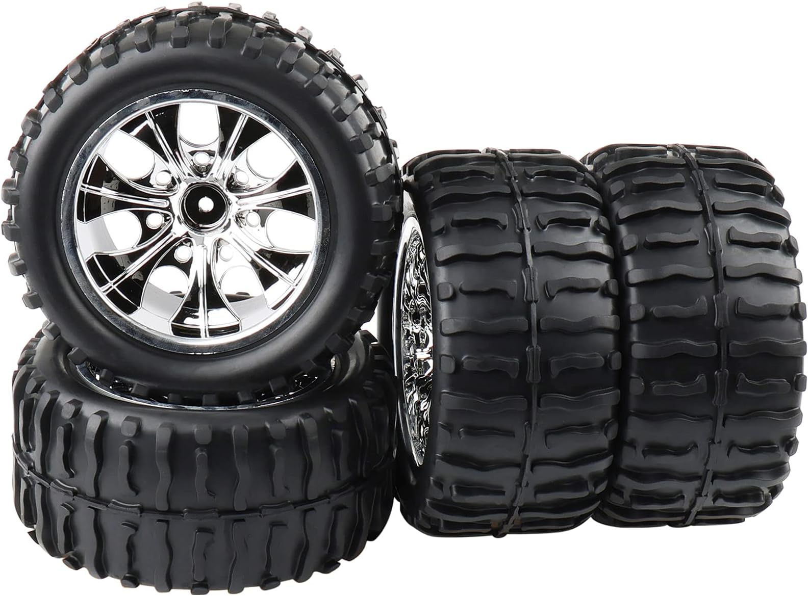 RC Tires & Wheels Set (4PCS) - 1/10 Scale Monster Truck Tires 12mm Hex for Traxxas Stampede, Arrma, Redcat, White 7-Spoke Rims with Foam Inserts