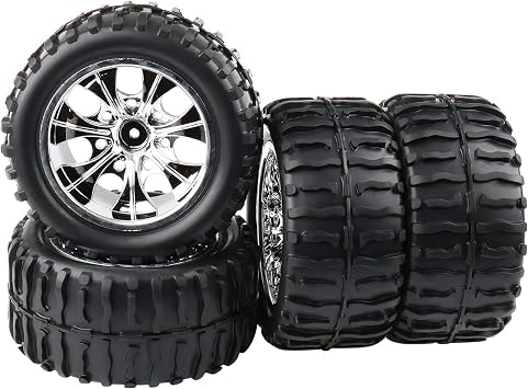 RC Tires & Wheels Set 4PCS - 1/10 Scale Monster Truck Tires 12mm Hex for Traxxas Stampede, Arrma, Redcat, White 7-Spoke Rims with Foam Inserts