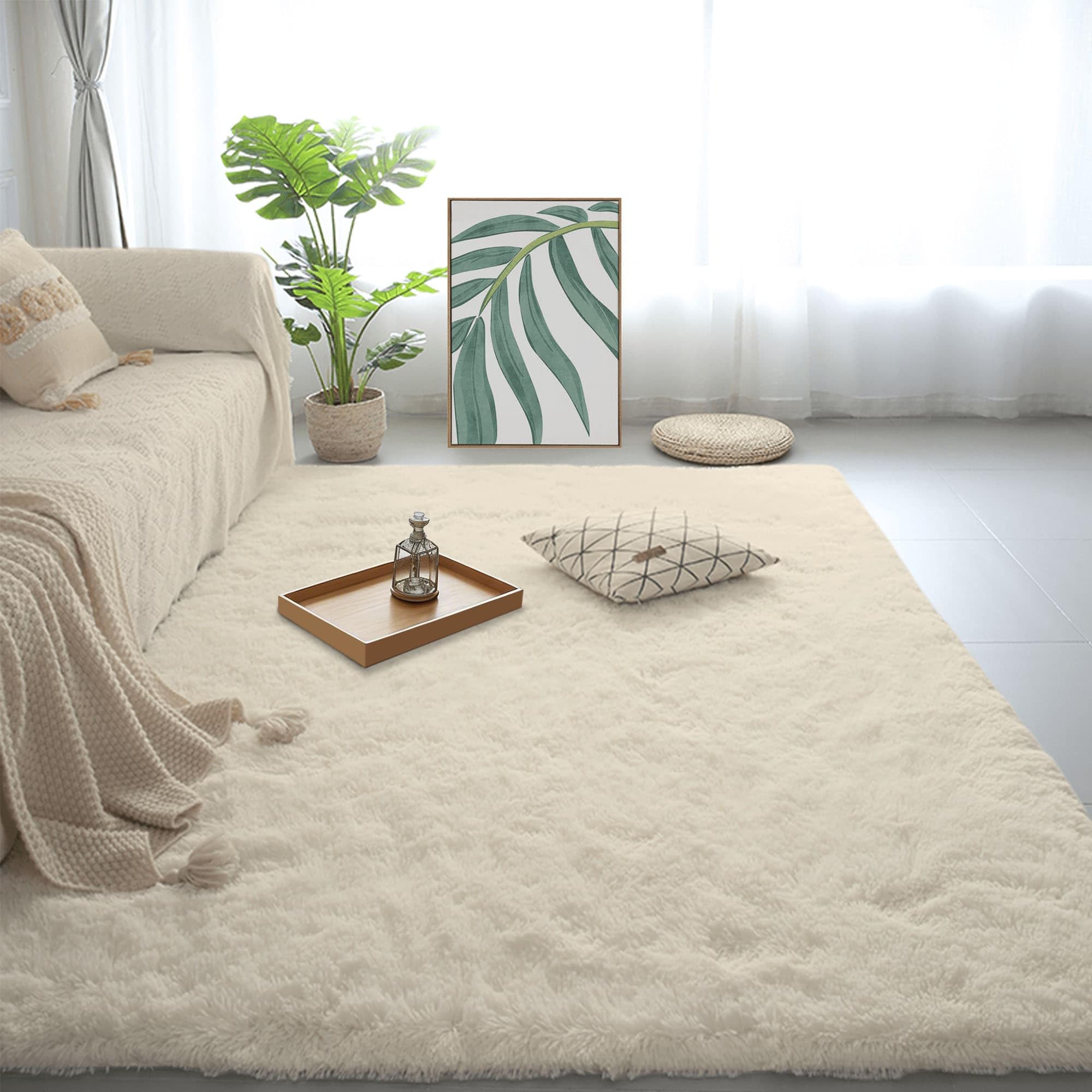 Tapis de chambre shaggy lavable crème pour pépinière et dortoir
