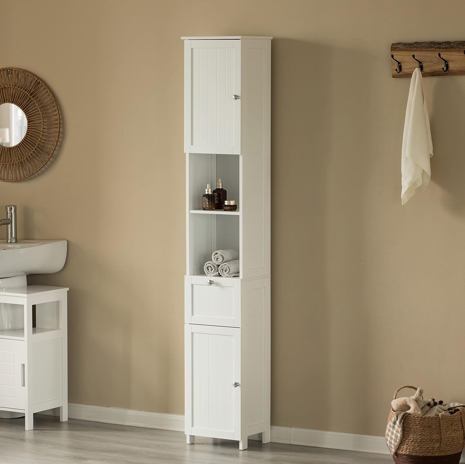 Basicwise White Tall Standing Linen Tower Storage Cabinet for Bathroom and Vanity (QI004021.WT)