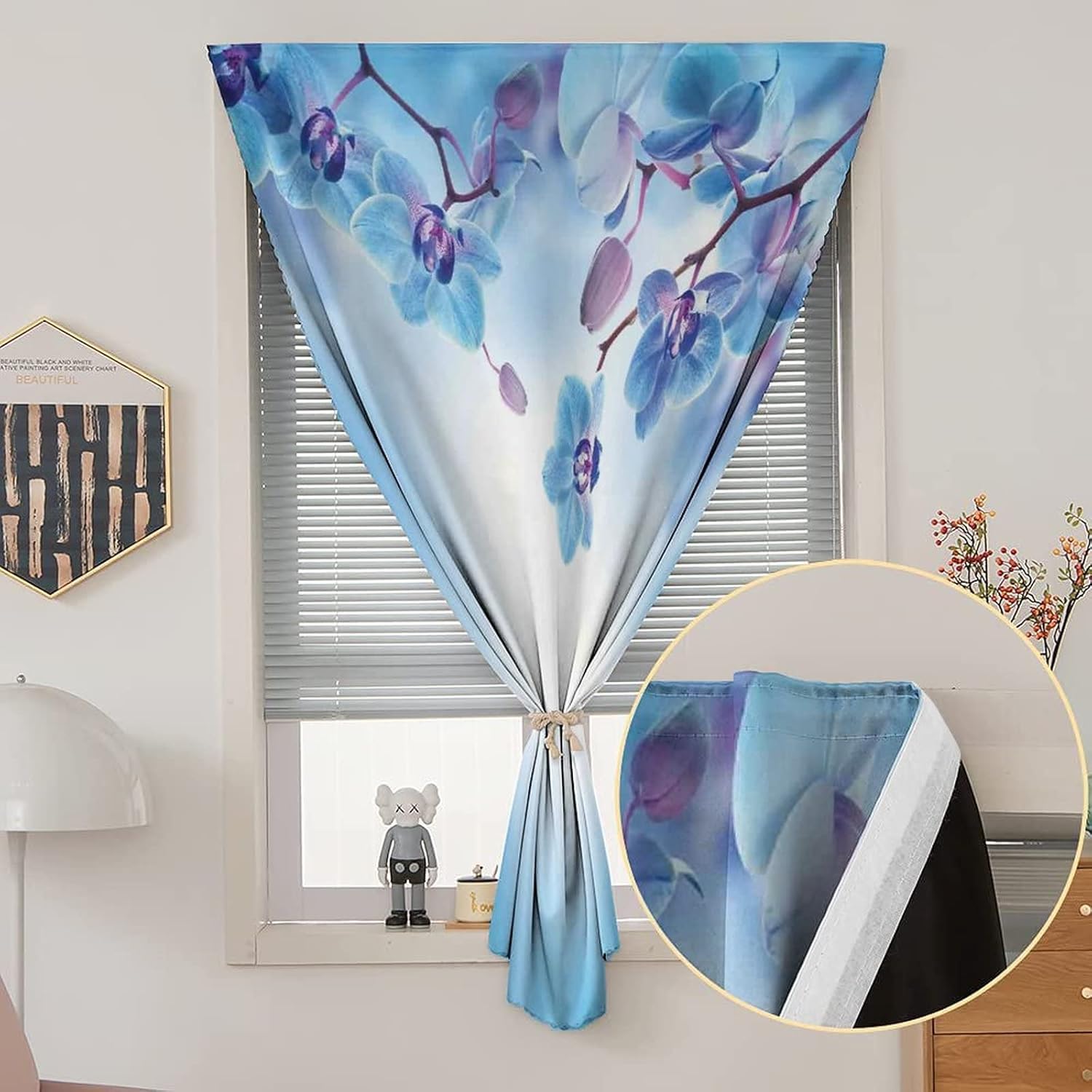 Self Adhesive Portable Blackout Curtains, Flower Decor Room Darkening Curtains, Orchids Asian Floral Spring Calming Print Temporary Blackout Blinds,59W x72L Inch, for Bathroom Living Room Bedroom