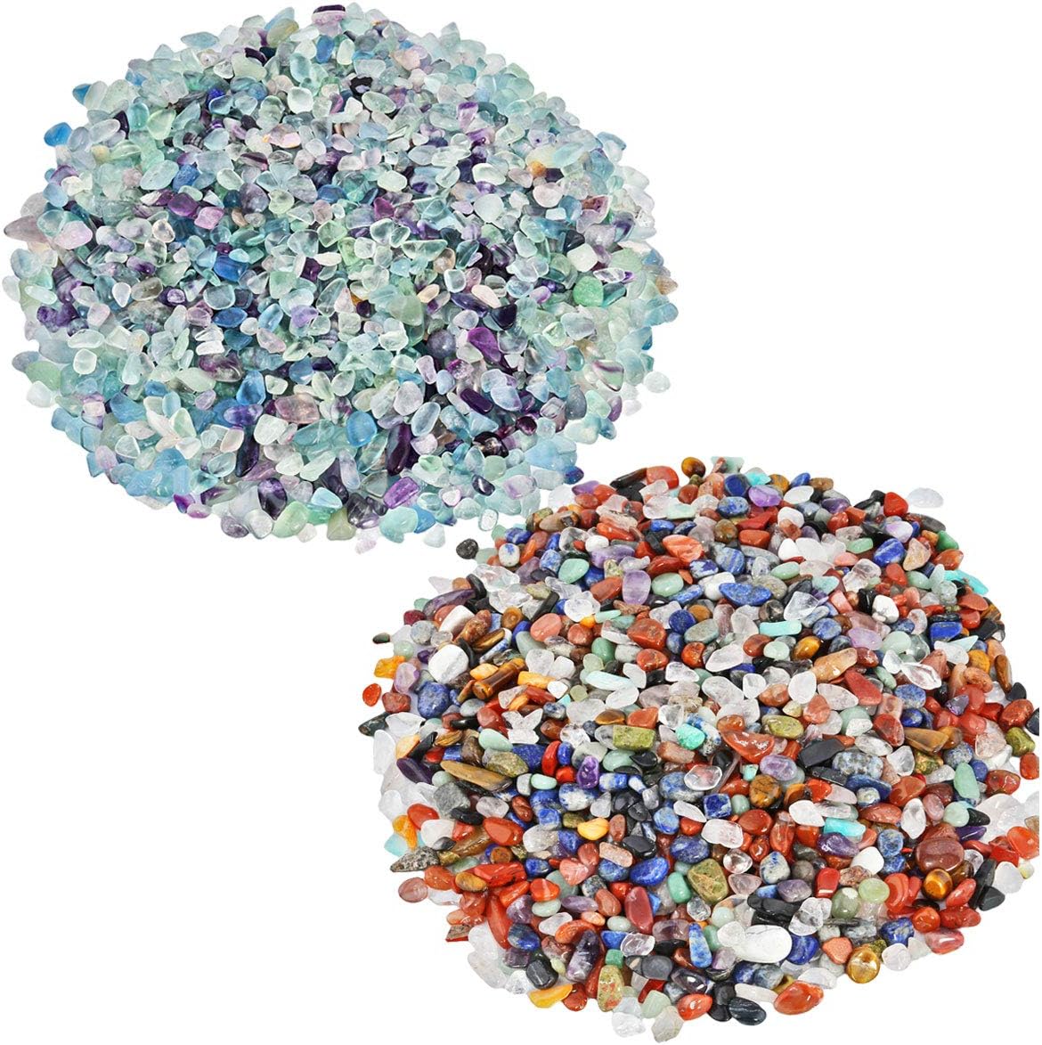 SUNYIK Pack of 2 Fluorite & Assorted Tumbled Chips Stone Crushed Crystal Quartz Pieces Irregular Shaped Stones, 2 lbs (920g)
