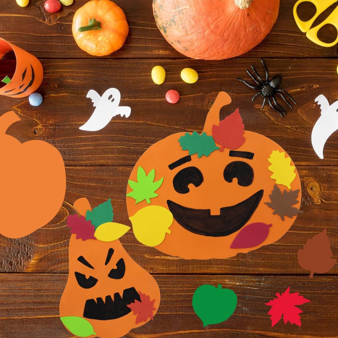 Hifunwu 40Pcs Halloween Foam Pumpkin Craft Kit Decorations with Foam Fall Maple Leaves Rhinestone Stickers for Halloween Thanksgiving Art Crafts Decorations