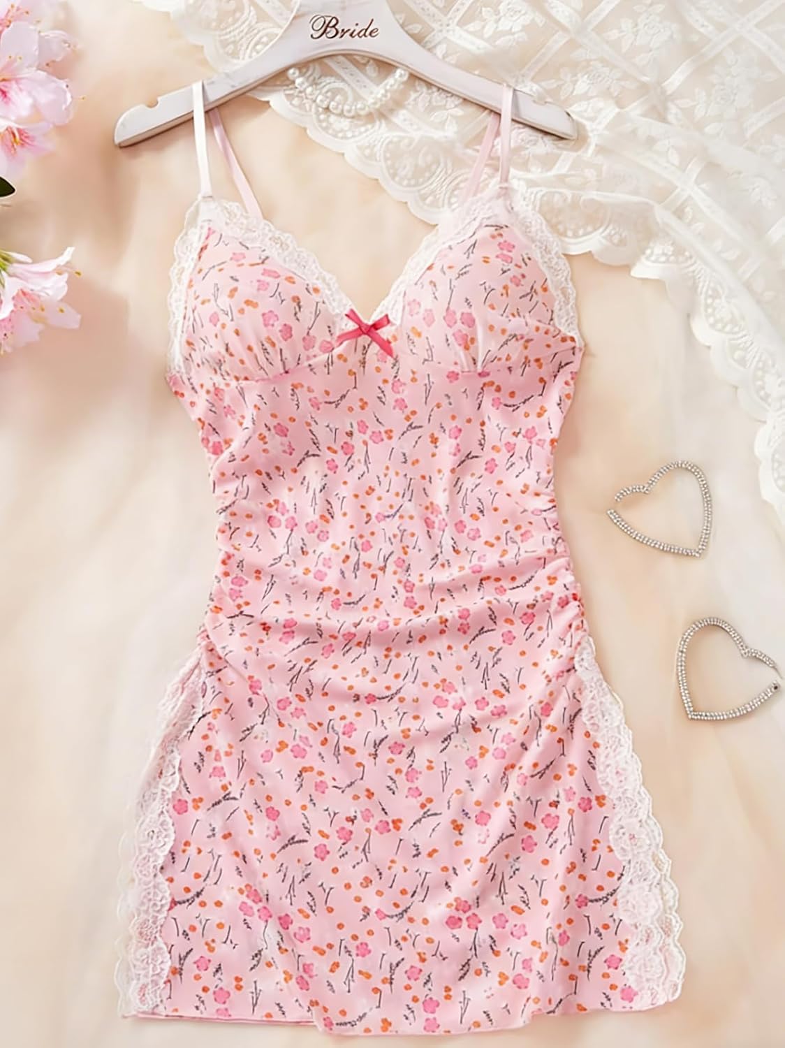 Women Mesh Floral Babydoll Lingerie Set Lace Split Nightdress