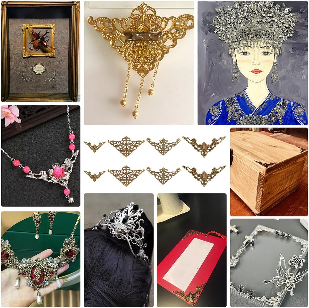 PH PandaHall 100pcs Book Corners 4 Styles Corner Protector Hollow Triangle Wrap Connector Metal Book Corners Tibetan Pendent Metal Album Resin Filler Filigree Corner Embellishments for Jewelry Making - Image 6