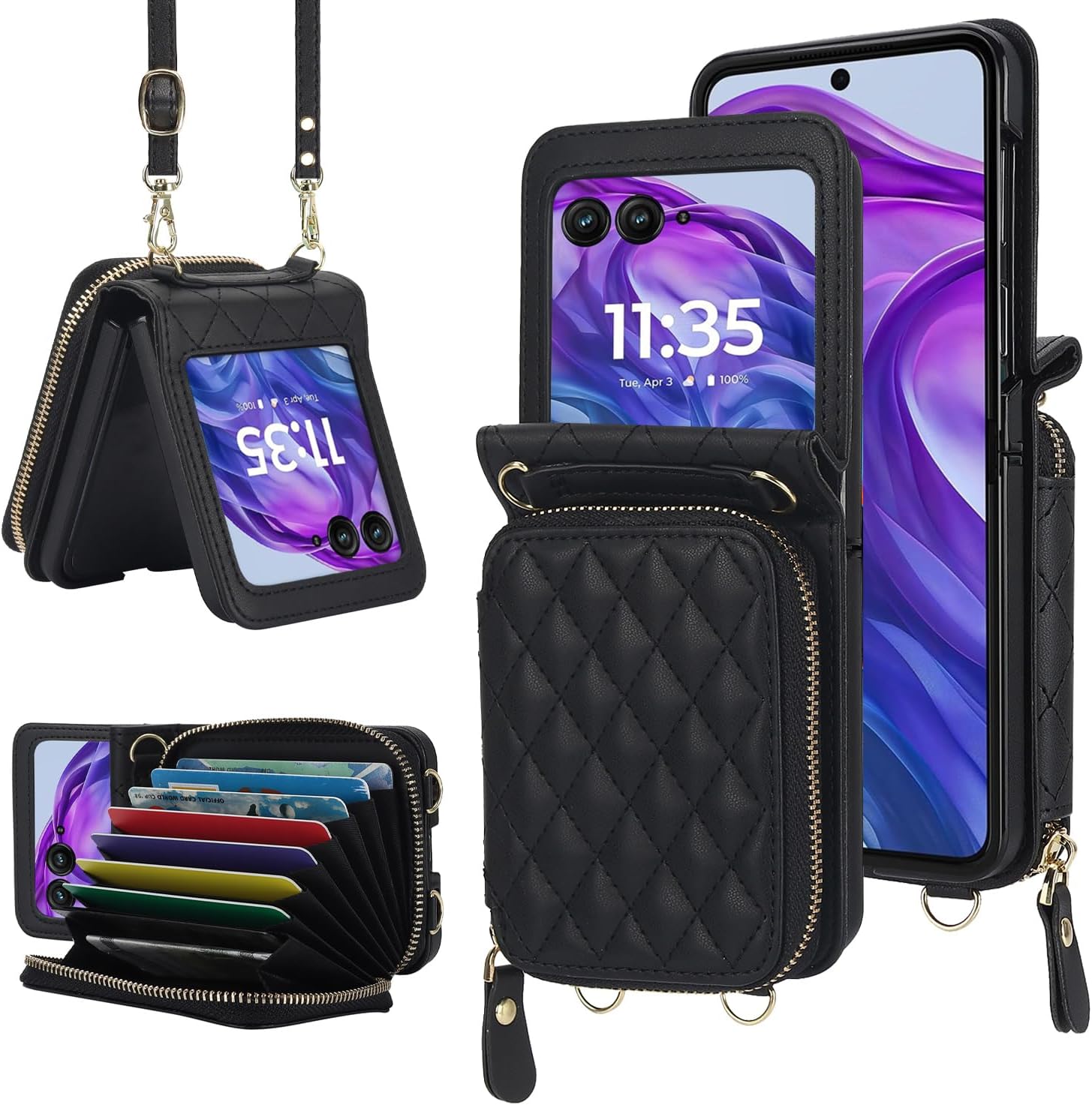 for Motorola Razr 2024 Wallet Case with Crossbody Strap, [RFID Blocking] Large Capacity Card Slot Case Women Girls Premium Leather Zipper Wrist Strap Flip Cover for Motorola Razr 50 2024 Black