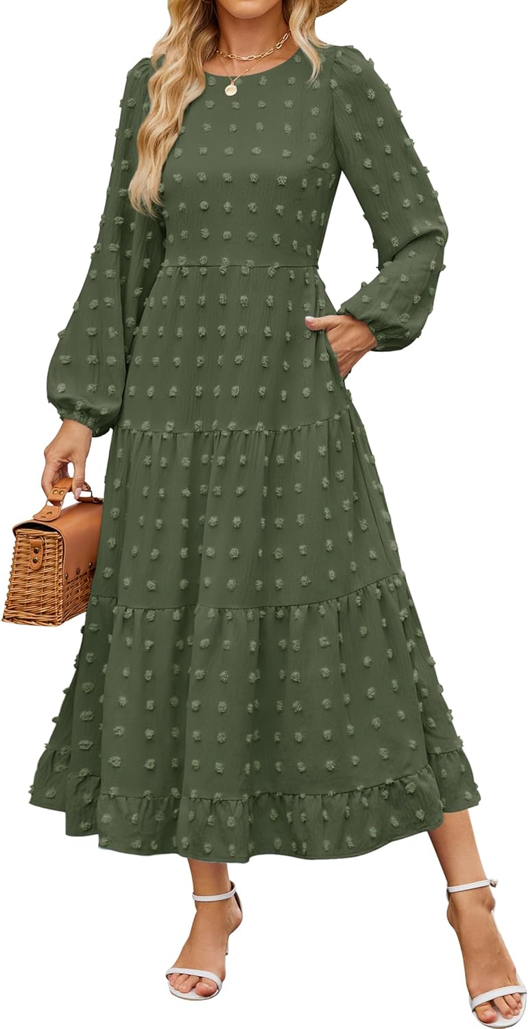 ZESICA Women's Fall Long Sleeve Maxi Dresses 2025 Crew Neck Swiss Dot Tiered Flowy A Line Casual Boho Party Dress