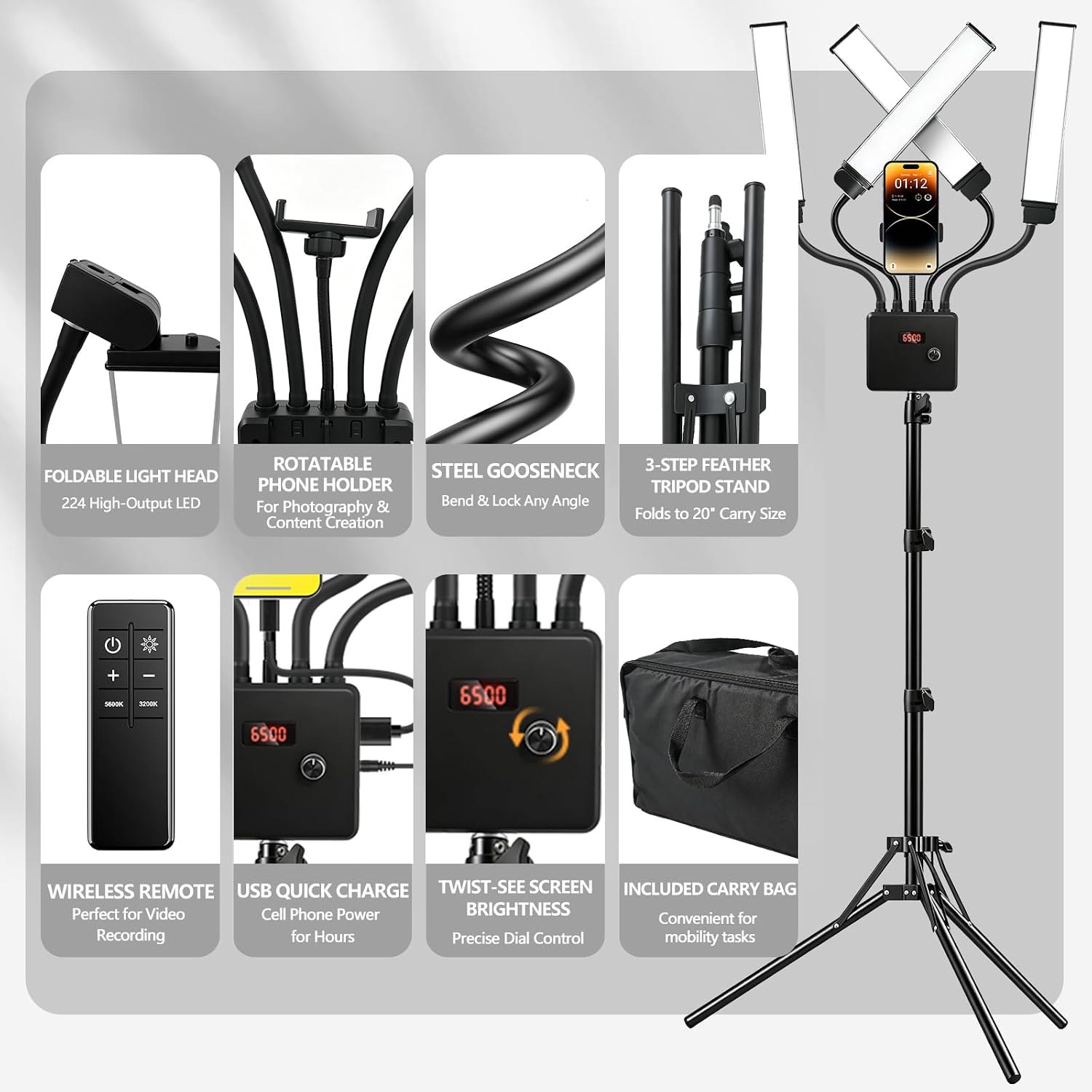 Selfie Light with 75'' Tripod Stand, Dimmable 3 Color Four Arms LED Tattoo Light with Phone Holder & Carry Bag, LED Light for Lash Tattoo Video Photography Live Stream, 80W 95CRI Floor Lamp