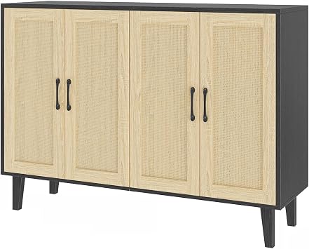 Panana Buffet Storage Cabinet with Rattan Decorating 4 Doors Living Room Kitchen Sideboard 48.43 x 34.65 x 15 inch Black