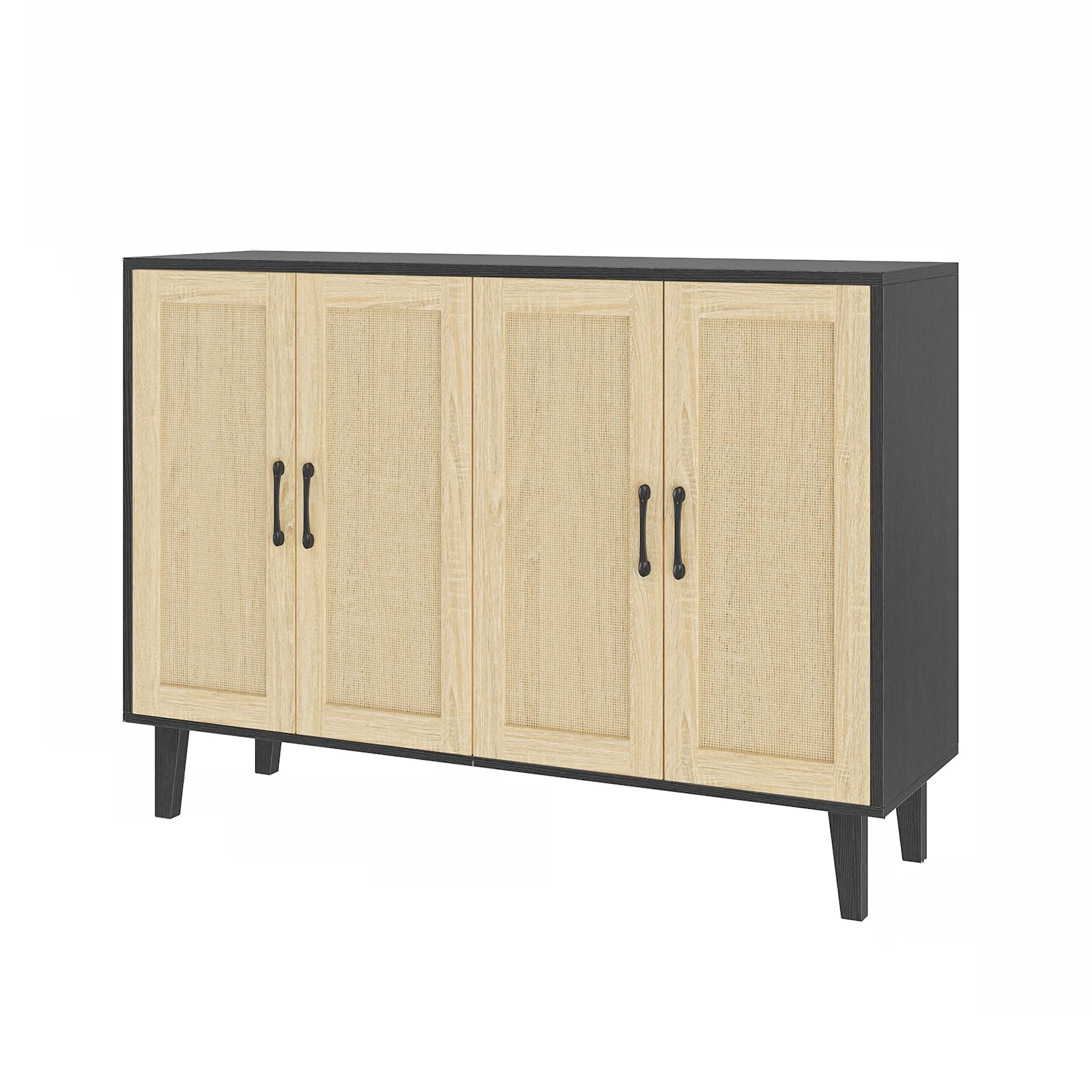 Panana Buffet Storage Cabinet with Rattan Decorating 4 Doors Living Room Kitchen Sideboard 48.43 x 34.65 x 15 inch (Black)
