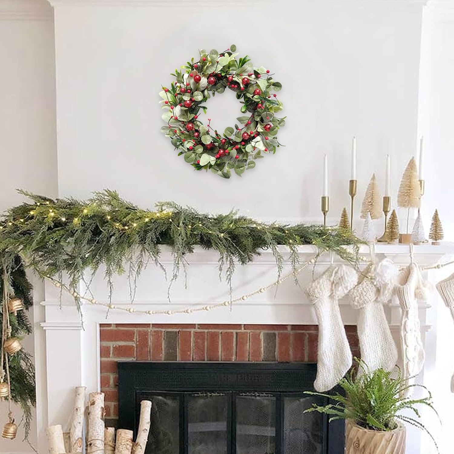 idyllic 22 Inch Artificial Christmas Wreaths for Front Door, Winter Spring Decoration Wreath with Red Berry Lamb Leaves, Evergreen Natural Wreath for Indoor Outdoor Farmhouse Festival Home Decor - Image 6