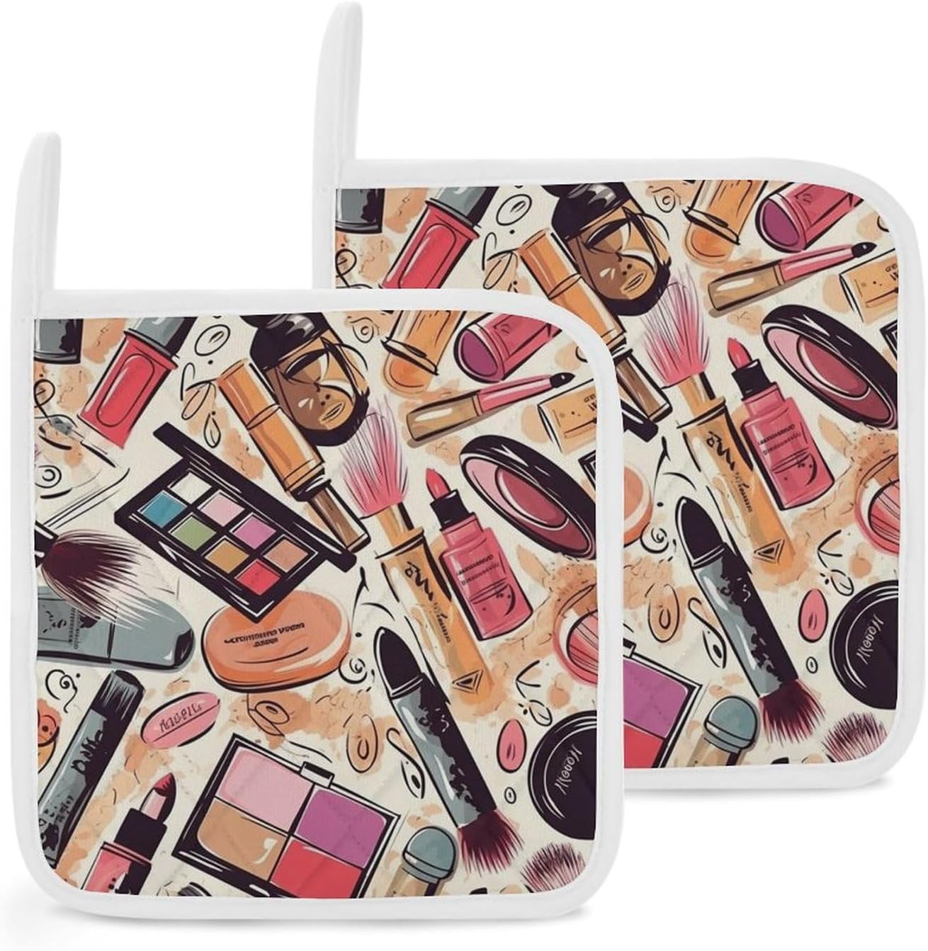 Pot Holder Set of 2 Cosmetic and Makeup Theme Pattern Printed Potholders for Kitchens Heat Resistant & Non Slip Potholders for Kitchen Cooking Baking BBQ