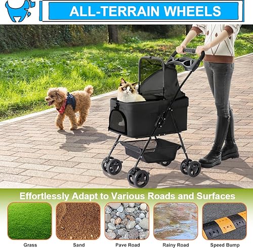 Miniatura 6 de Cochecito para mascotas 3 en 1 para perros pequeños y gatos, cochecito plegable y ligero para perros con transportador desmontable, portátil, para