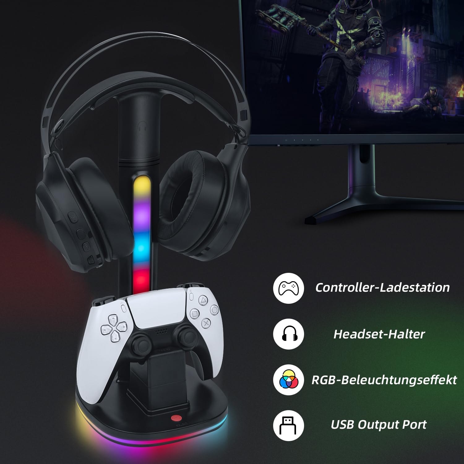 Mcbazel Ladestation, Ladegerät für PS5 DualSense Controller mit Headset Halter, RGB-Licht