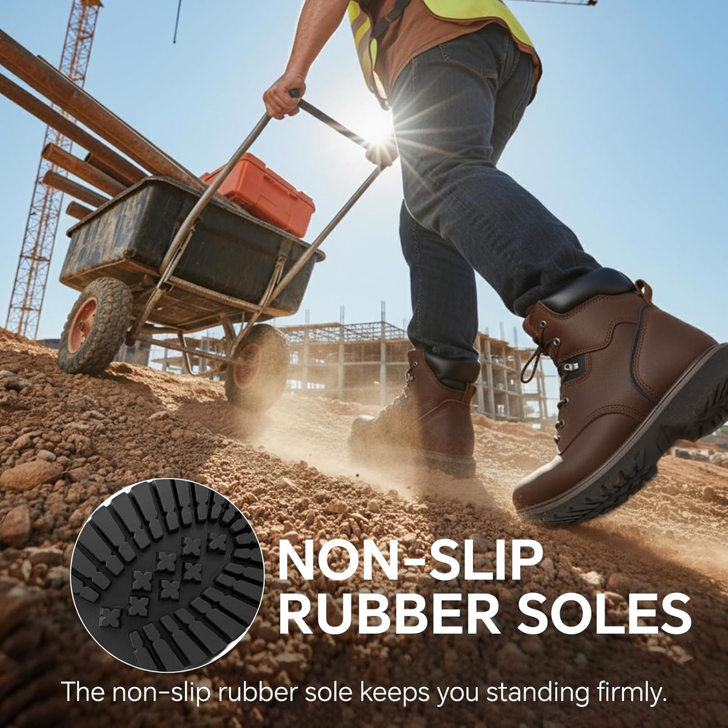 ANGRYRAM Steel Toe Boots for Men 6 Inch Leather Work Boots for Men Sturdy Slip Resistant Waterproof Steel Toe Construction Safety Shoes Lightweight Comfortable - Image 3