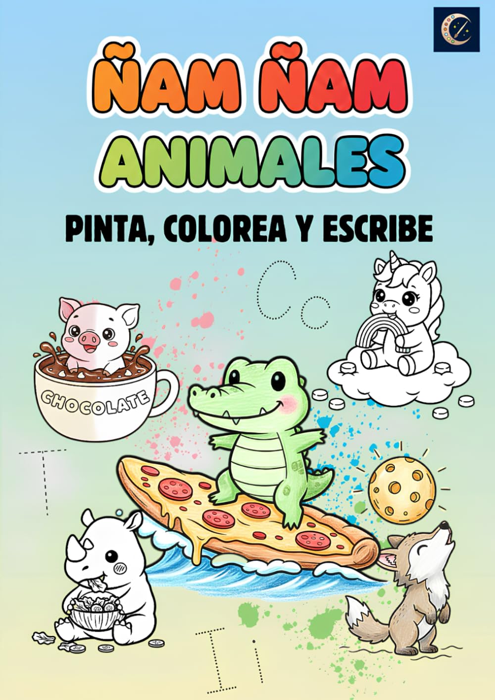ÑAM ÑAM ANIMALES: PINTA, COLOREA Y ESCRIBE | Libro de colorear con más de 30 dibujos divertidos de animales y comidas con nombres en inglés y español