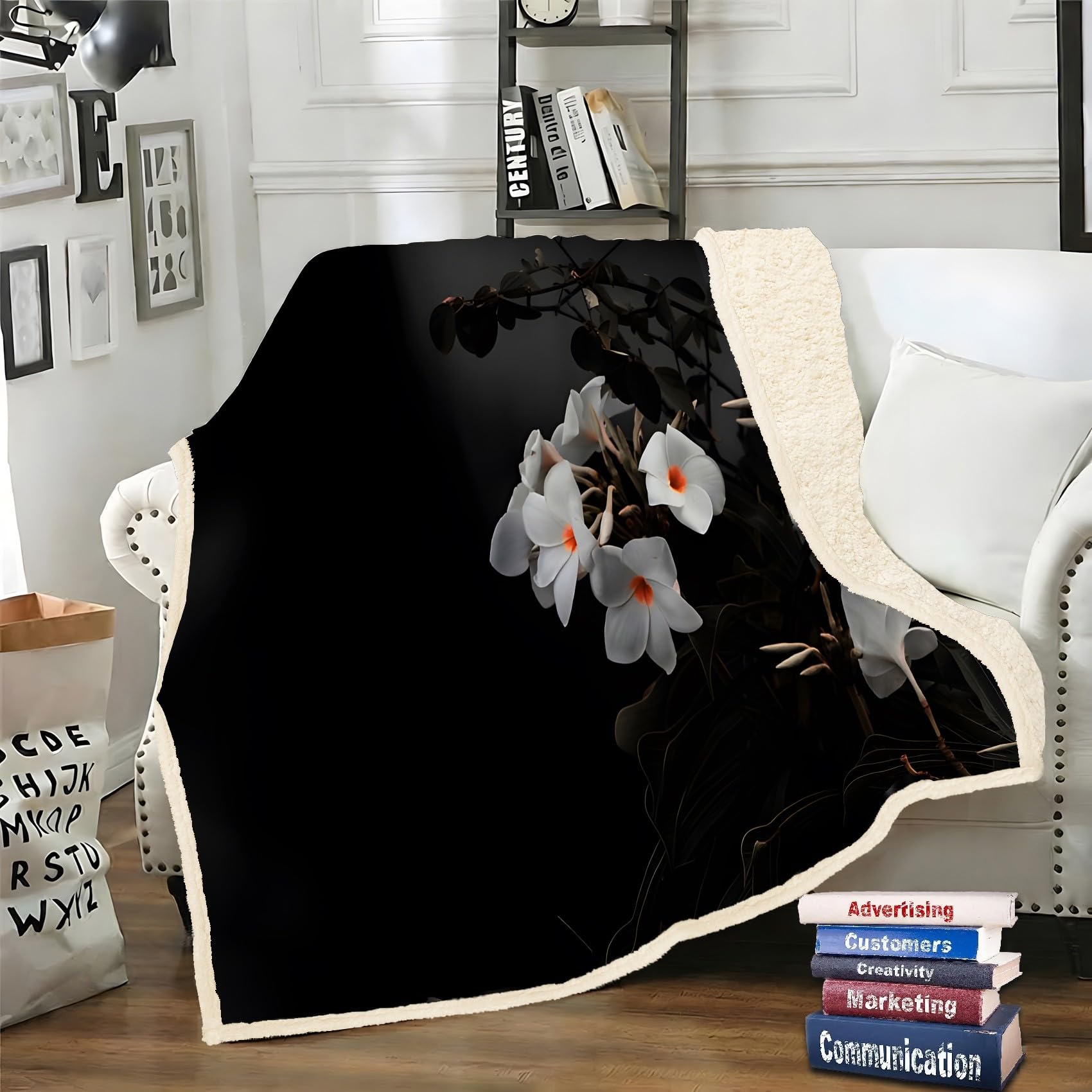 LLSZAHD White Flowers Sherpa Throw Black Soft and Fluffy Fleece Throw Blanket, Cozy Bed Throw for Sofa, Armchair or Travel, 130 x 170 cm