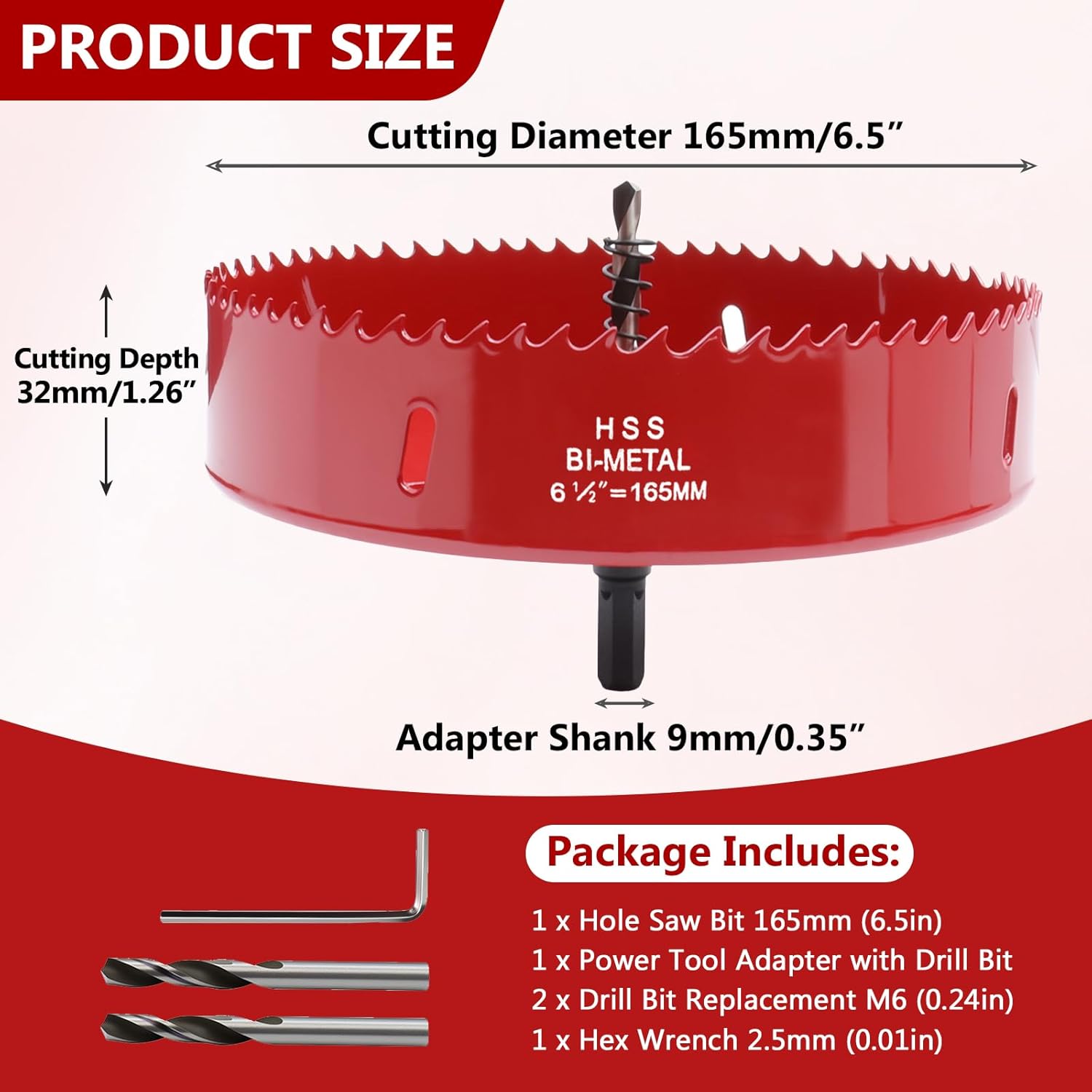 6.5 Inch / 165mm Hole Saw Red with Arbor and Pilot Drill Bit, Bi-Metal Hole Cutter for Fiberboard, Wood, Drywall, Plastic, Soft Metal Sheet, PVC Board and Cornhole Boards Drilling
