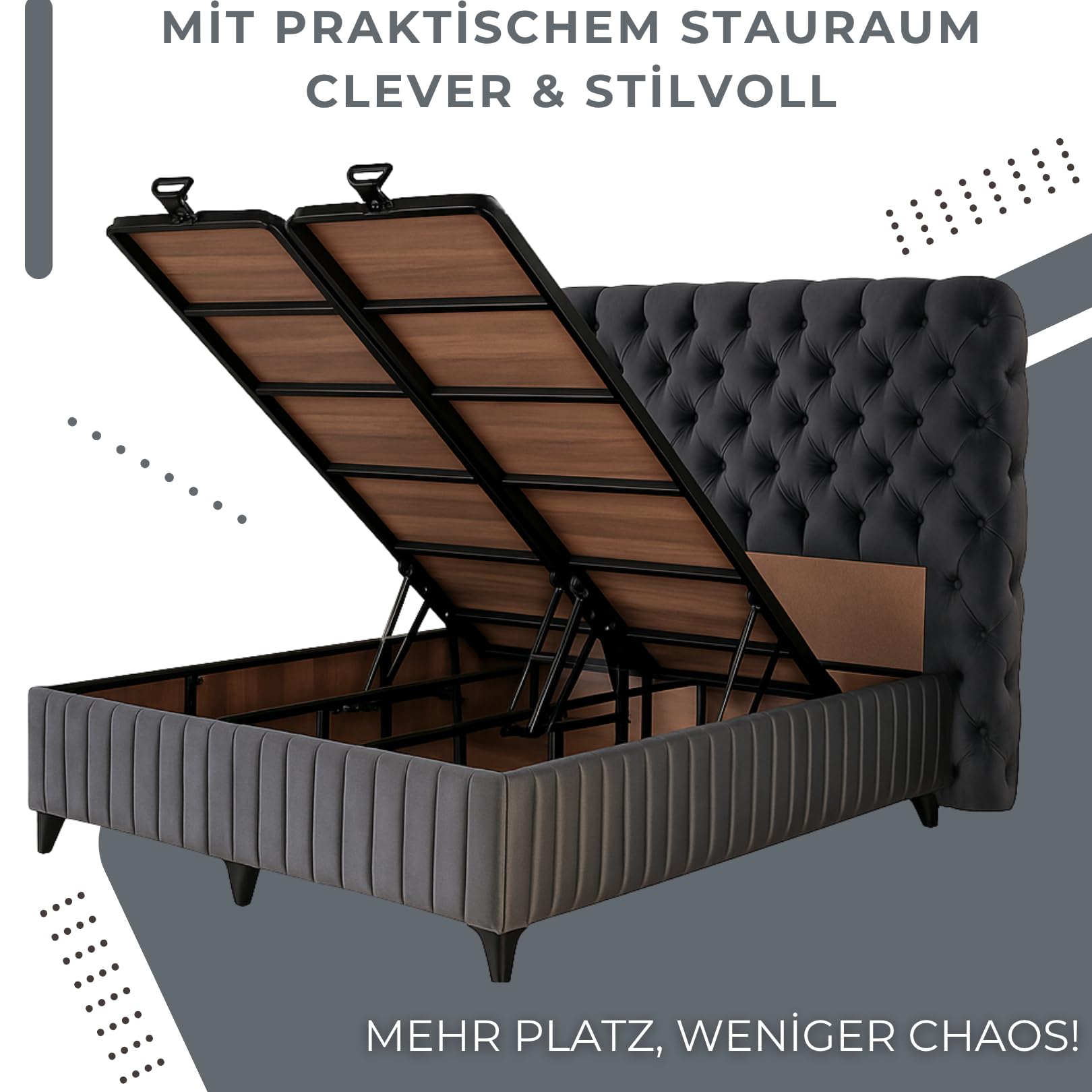 Fluffy Boxspringbett 180x200 cm mit Matratze & Bettkasten | Bett mit Stauraum - Komplettset mit 7-Zonen Orthopädischer Matratze mit Topper – Allergenfrei, Atmungsaktiv | Liegehöhe 67 cm (Grau)