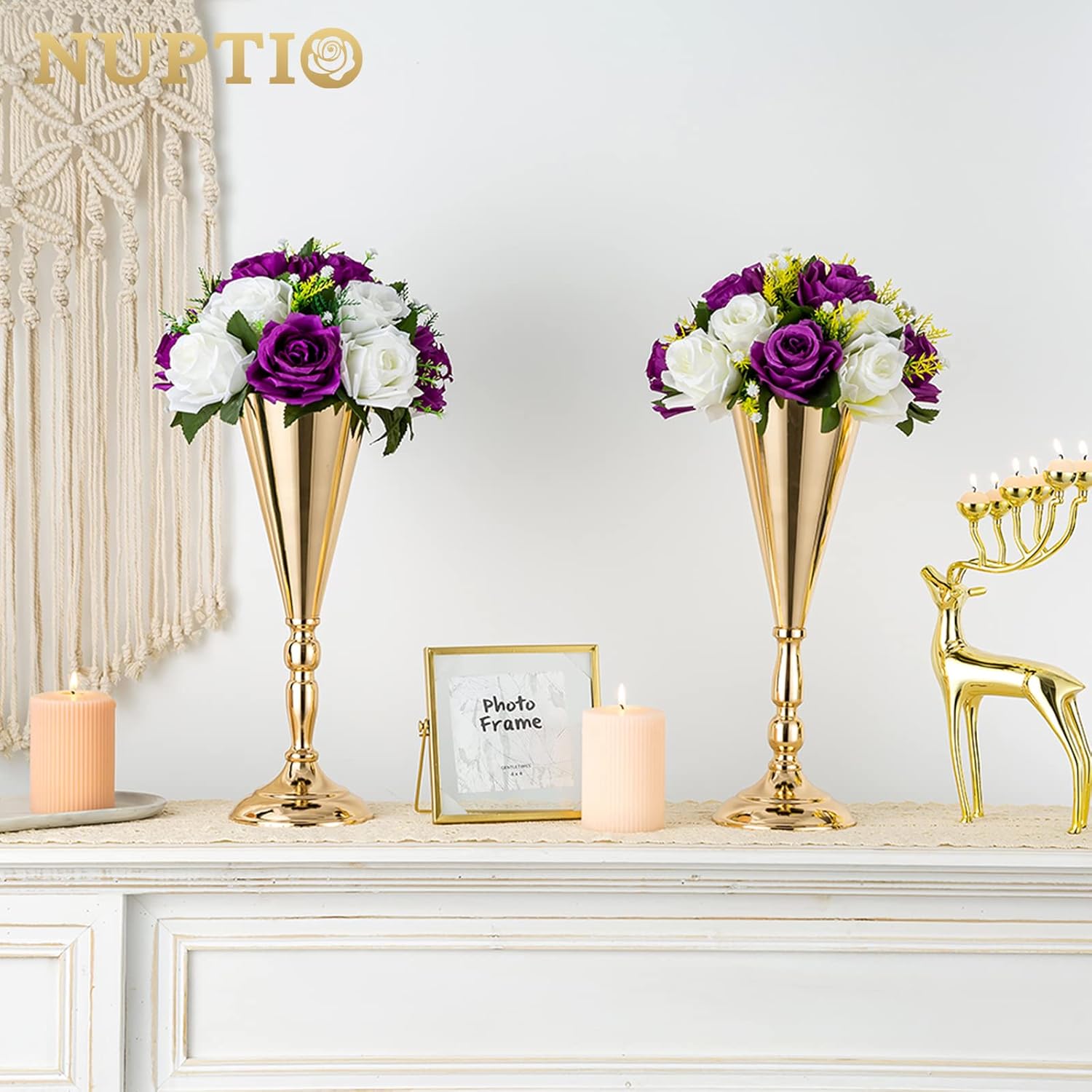 2 Pcs Set Metal Wedding Flower Trumpet Vase Stand, 14 inch Table Decorative Centerpiece Artificial Flower Arrangements for Anniversary Ceremony Party Birthday Event Aisle Home Decoration (Gold)