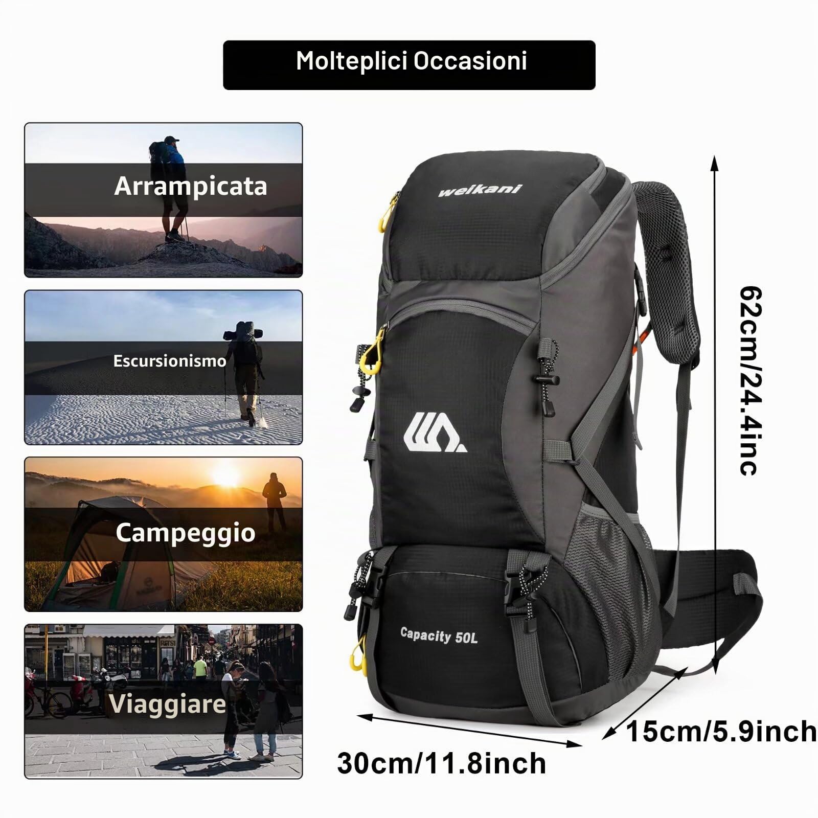 Zaino da trekking impermeabile da 50 l, zaino da campeggio, escursionismo, zaino da viaggio, per uomini e donne, grande zaino per arrampicata, viaggi, alpinismo, sci, trekking, sport all'aria