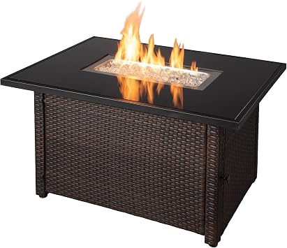 Endless Summer 44 x 32 Rectangular 40,000 BTU Liquid Propane Gas Outdoor Fire Pit Table w/White Fire Glass, Center Insert and Cover, Brown/Black
