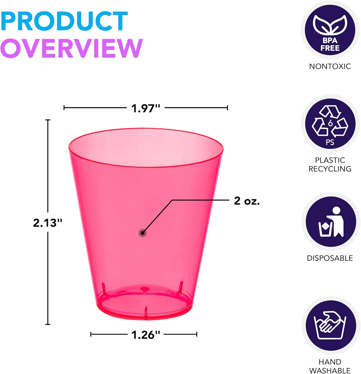 Party Essentials Hard Plastic 2-Ounce Shot/Shooter Glasses, Neon Pink, 50 Count
