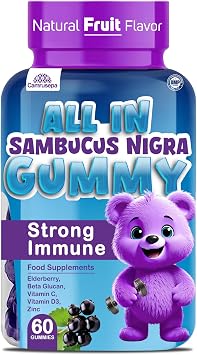 All in Sambucus Nigra Gummy for Kids - Natural Fruit Flavor, Elderberry, Vitamin C, Beta Glucan, Zinc & Vitamin D3, Strong Immune System Support, Energy & Wellness - 60 Chewable Gummies