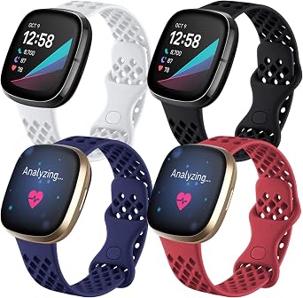 Maledan Breathable Waterproof Sport Band for Fitbit Versa 4 Bands/Sense 2 | 4 Pack for Fitbit Sense Band/ Versa 3 Replacement Watch Strap for Men Women, Small Black Blue White Red