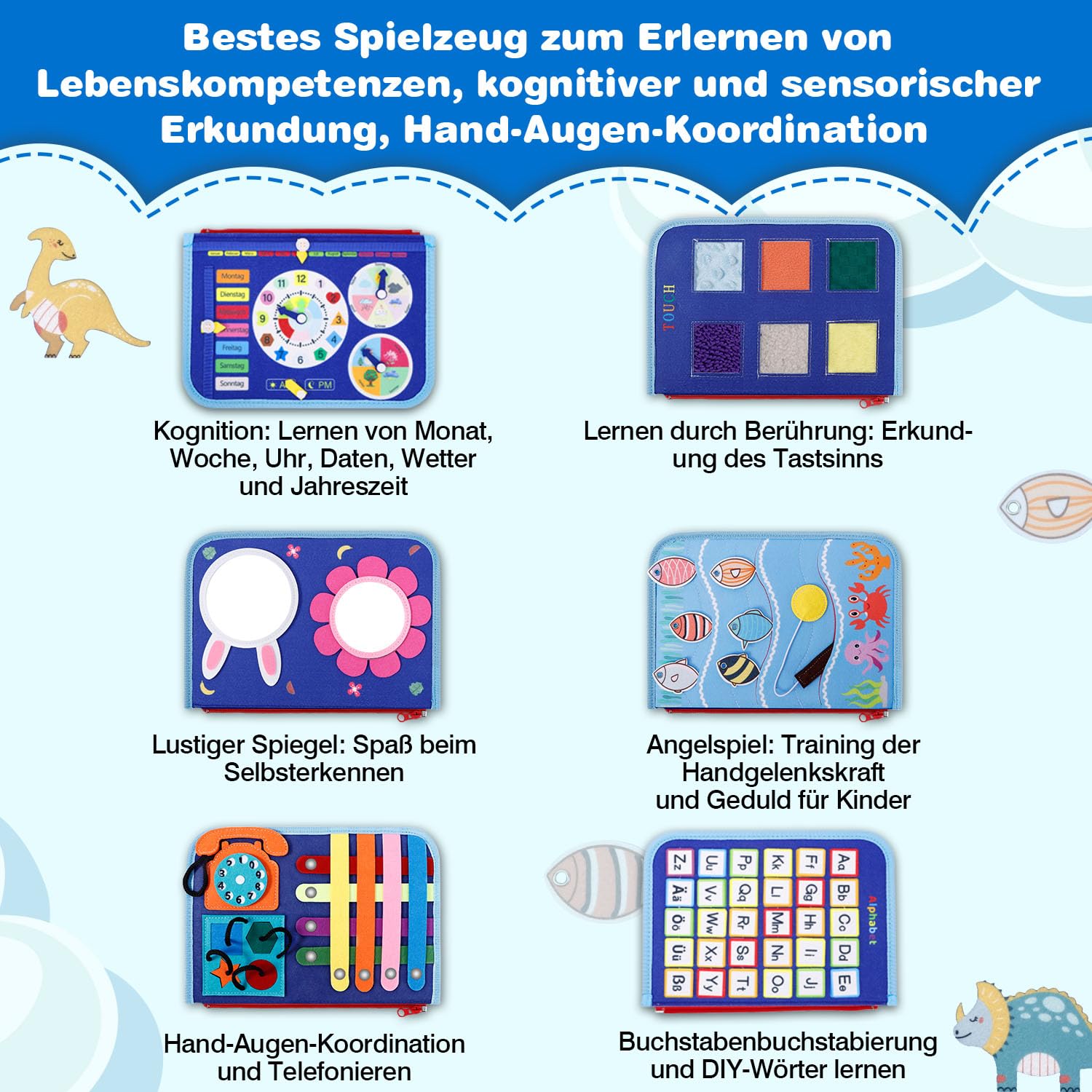 JHkim Busy Board Deutsch Montessori Spielzeug ab 1 2 3 4 Jahre, Geschenk für Jungen & Mädchen, Kinder Lernspielzeug Activity Busy Book, Motorikspielzeug Motorikbrett für Reise/Auto/Flugzeug